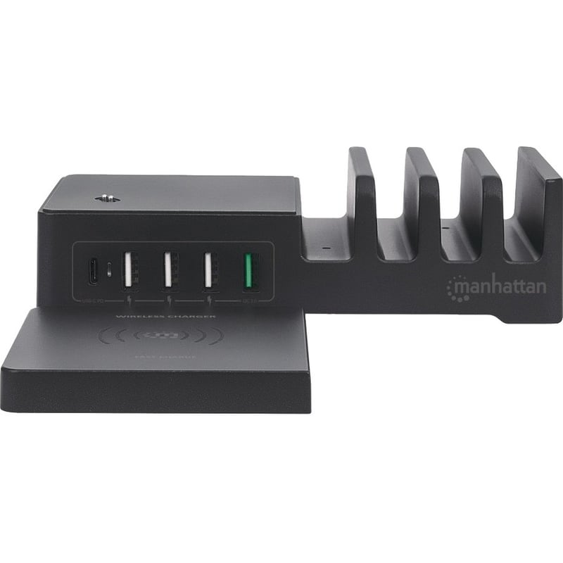 Manhattan Charging Station with Wireless Charging Pad (detachable), 1x Wireless, 1x USB-C and 4x USB-A Ports, Wireless Output: 2A, USB-C Output: 3A, USB-A Outputs: 1x 3A and 3x 2.4A max, Cable 1m, Black (Power Cable: Euro 2-pin plug to C7 figure-of-8 - Thumbnail 4