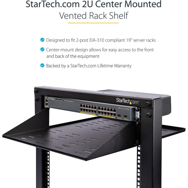 StarTech.com 2 Post Server Rack Shelf - Vented - Center Mount - Up to 75 lb. - 2 post Network Rack Shelf (CABSHF2POSTV2) - Thumbnail 2