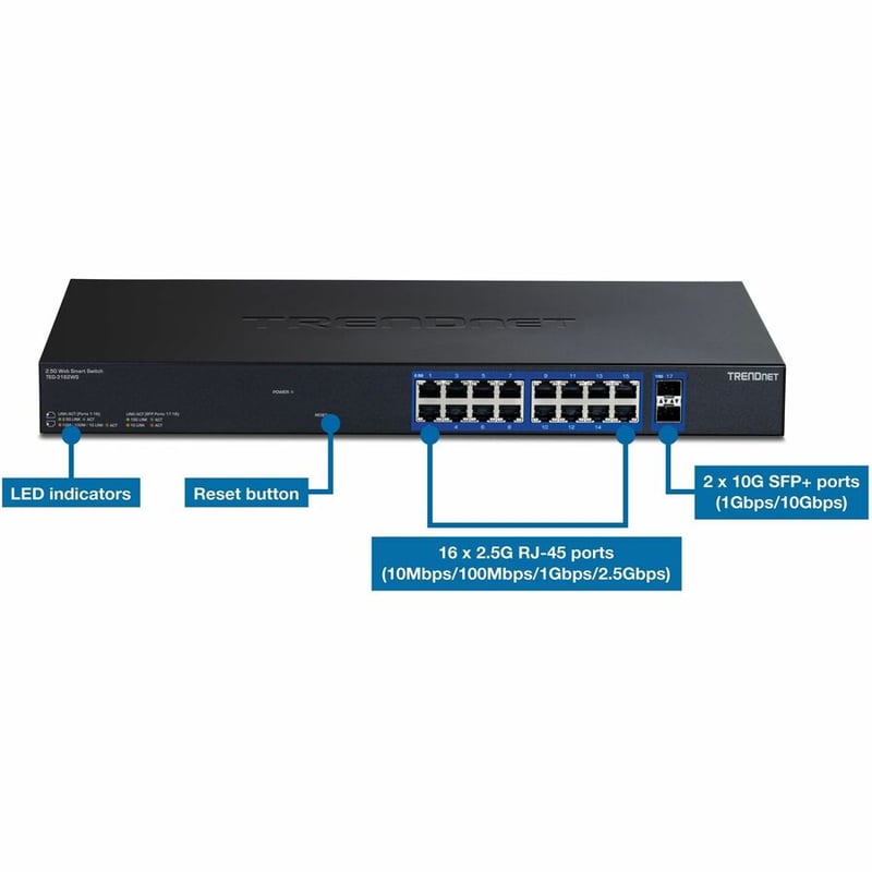 TRENDnet 18-Port Multi-Gig Web Smart Switch, TEG-3182WS, 16 x 2.5Gb Ports, 2 x 10Gb SFP+ Ports, NDAA TAA Compliant, Lifetime Protection, Remote Cloud Management, Black - Thumbnail 5