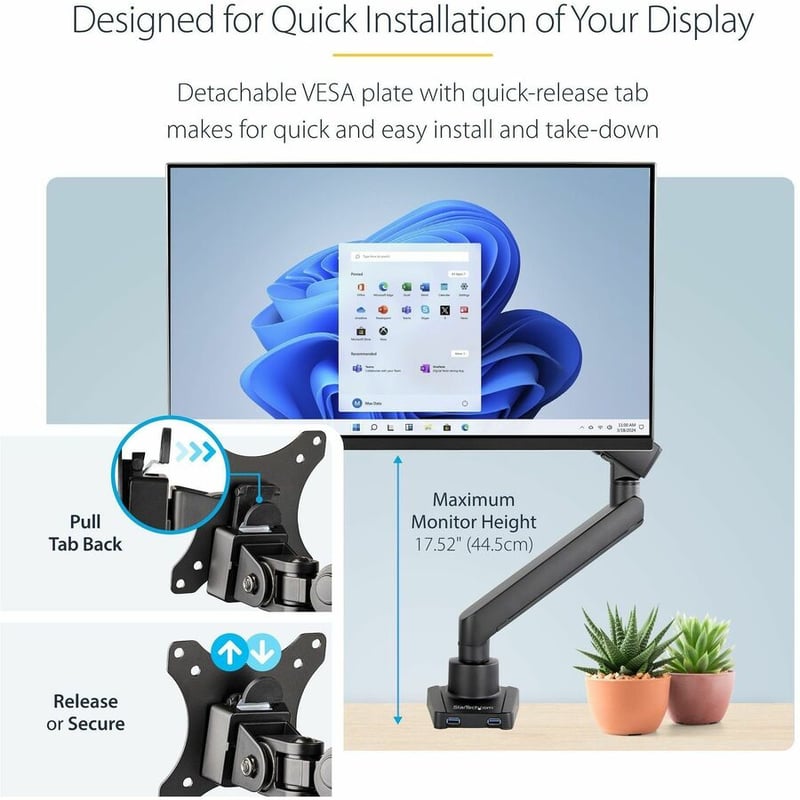 StarTech.com Desk Mount Monitor Arm with 2x USB 3.0 ports, Slim Single Monitor VESA Mount up to 34" (17.6lb/8kg) Display, C-Clamp/Grommet - Thumbnail 2
