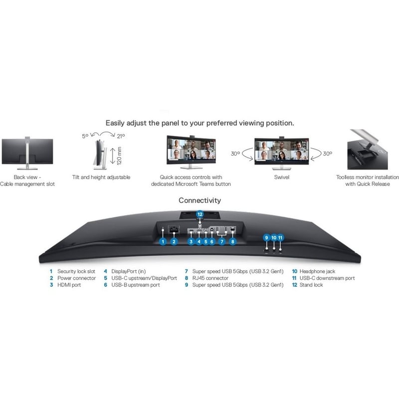Dell C3422WE 34" Class Webcam WQHD Curved Screen LCD Monitor - 21:9 - Platinum Silver - Thumbnail 3