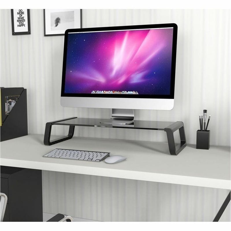GLASS MONITOR RISER SHELF WITH KEYBOARD STORAGE SPACE (BLACK) - Thumbnail 3