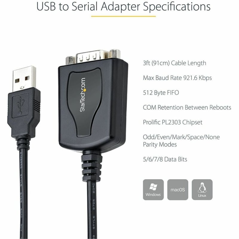 StarTech.com 3ft (1m) USB to Serial Cable with COM Port Retention, DB9 Male RS232 to USB Converter, USB to Serial Adapter, Prolific IC - Thumbnail 5