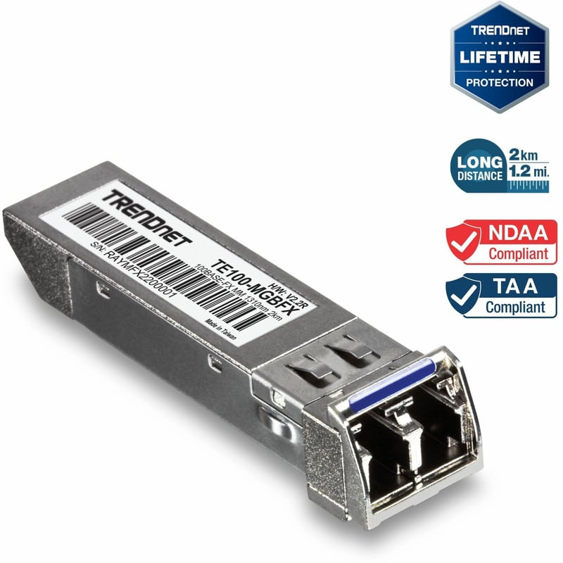 TRENDnet SFP to RJ45 100Base-FX Multi-Mode LC Module, TE100-MGBFX, Compatible with Mini-GBIC, Supports 1310 nm, Up to 155 Mbps, Hot-Pluggable, Up to 2 Km (1.2 Miles), Lifetime Protection - Thumbnail 1