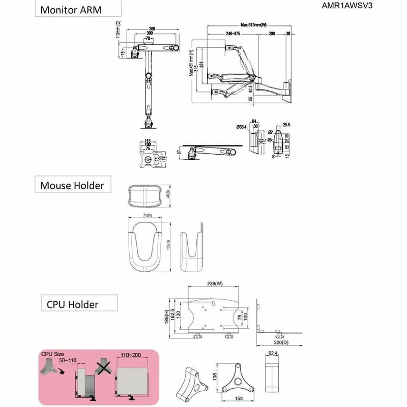 Amer Wall Mount for Keyboard, CPU, Mouse, Flat Panel Display, Curved Screen Display, Monitor - TAA Compliant - Thumbnail 4