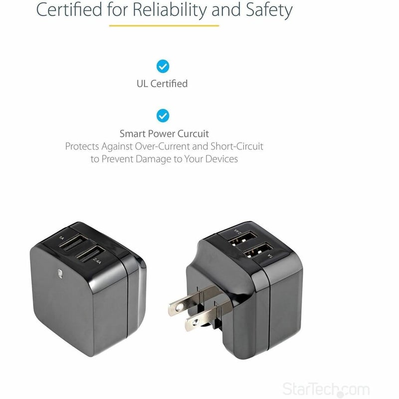 StarTech.com Travel USB Wall Charger - 2 Port - Black - Universal Travel Adapter - International Power Adapter - USB Charger - Thumbnail 5