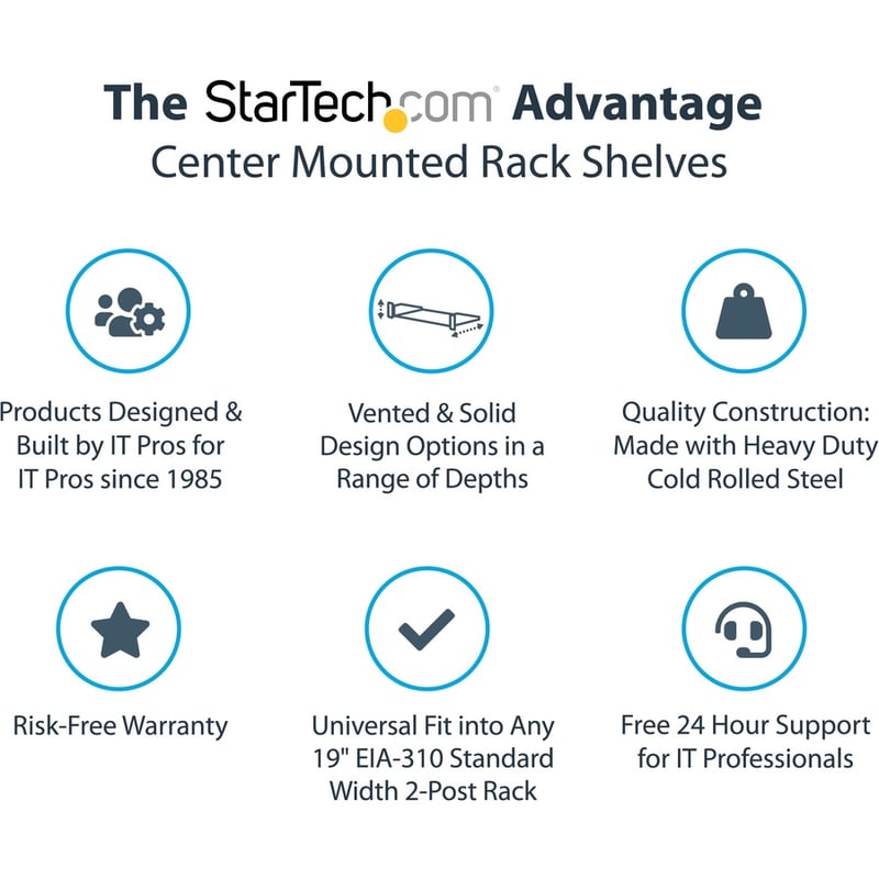 StarTech.com 2U Vented Server Rack Shelf - Center Mount Fixed 14" Deep Cantilever Rackmount Tray for 19" Data/AV/Network w/Cage Nuts - Thumbnail 2