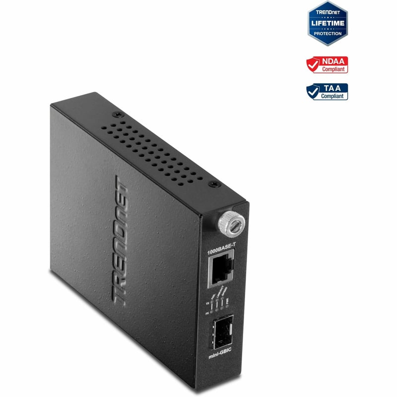TRENDnet 100/1000Base-T To SFP Fiber Media Converter, Fiber To Ethernet Converter, 1 x 10/100/1000Base-T RJ-45 Port,1 x Mini-GBIC Slot, Lifetime Protection, Black, TFC-1000MGA - Thumbnail 1