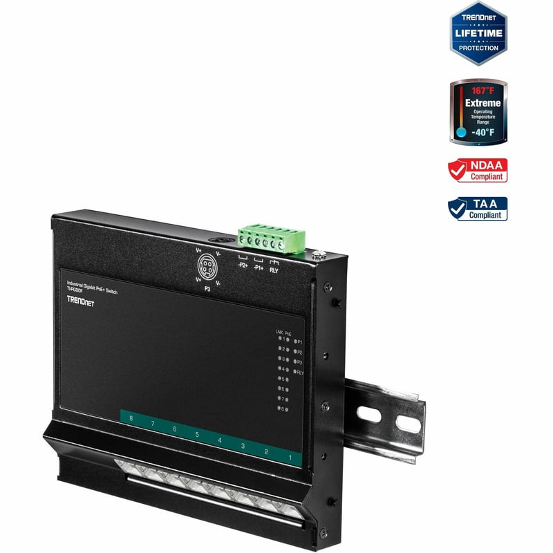 TRENDnet 8-Port Industrial Gigabit Poe+ Wall-Mounted Front Access Switch; 8X Gigabit Poe+ Ports; DIN-Rail Mount; 48 ?57V DC Power Input; IP30; 200W Poe Budget;Lifetime Protection; TI-PG80F - Thumbnail 1