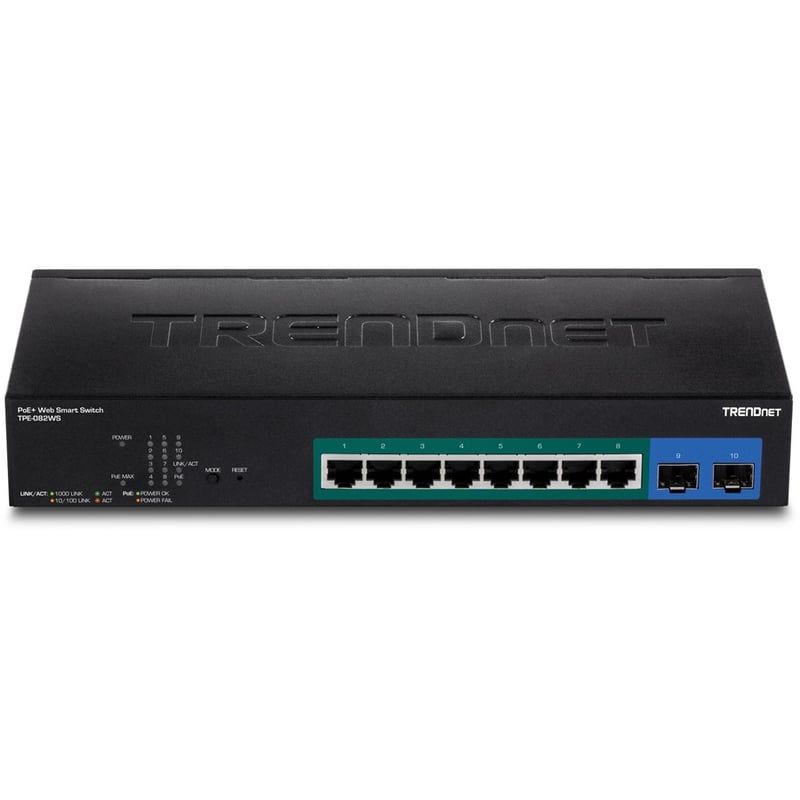 TRENDnet 10-Port Gigabit Web Smart PoE+ Switch, 8 x Gigabit PoE+ Ports, 2 x SFP Slots, Vlan, QoS, IPv6 Support, 20Gbps Switching Capacity, 75W PoE Power Budget, Lifetime Protection, Black, TPE-082WS - Thumbnail 2