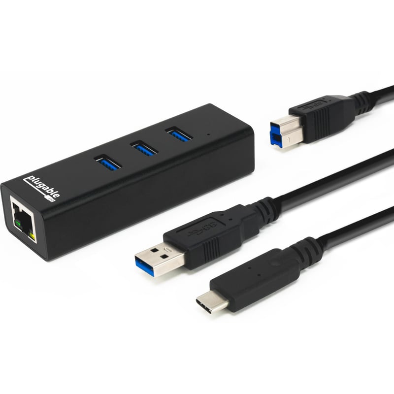 Plugable USB Hub with Ethernet, 3 Port USB 3.0 Bus Powered Hub with Gigabit Ethernet - Thumbnail 1