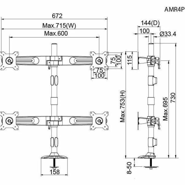 Amer Mounts Quad Monitor Grommet Mount Supports Flat Panel Sizes 15" to 24" AMR4P - Thumbnail 3