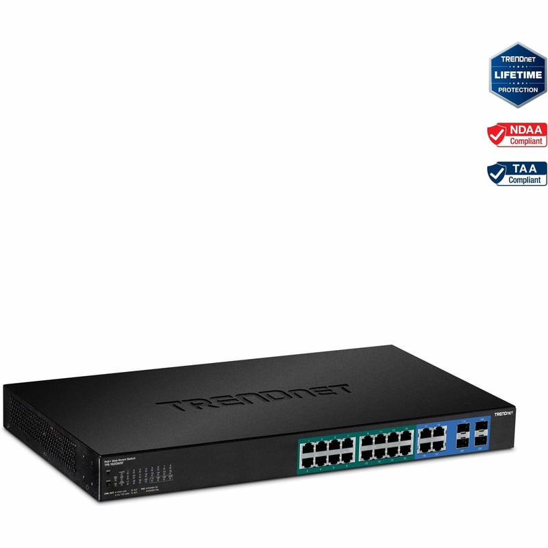 TRENDnet 20-Port Gigabit Web Smart 370W PoE+ Switch; TPE-1620WSF; 16 Gigabit PoE+ Ports; 4 Shared Gigabit Ports(RJ-45 or SFP); 370W PoE Budget;Managed PoE+ Ethernet Network Switch; Lifetime Protection - Thumbnail 1