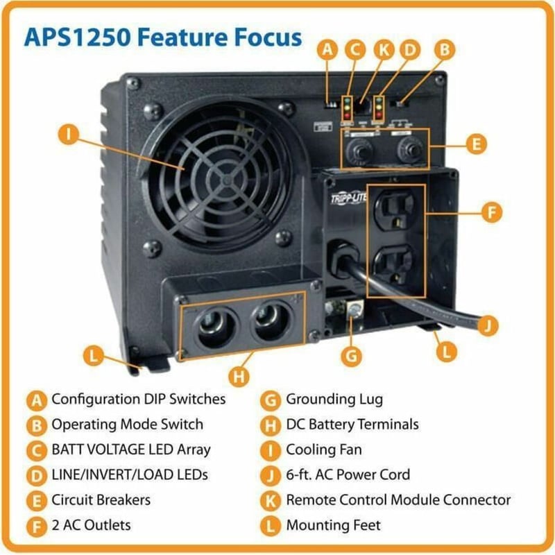 Tripp Lite by Eaton 1250W PowerVerter APS 12VDC 120V Inverter/Charger with Auto Transfer Switching 2 Outlets - Thumbnail 2