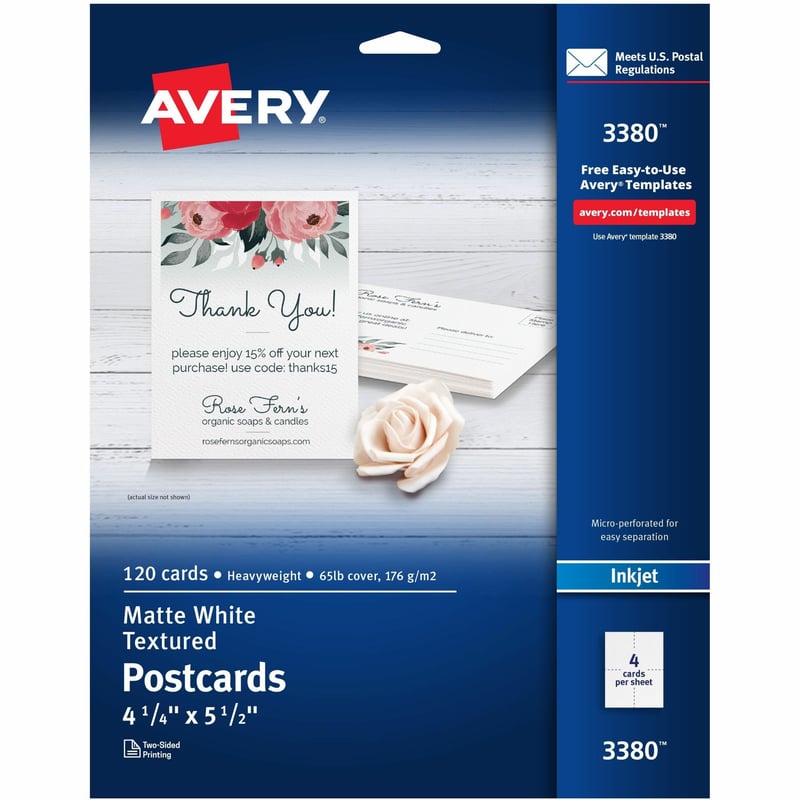 Avery(R) Printable Postcards, 4.25" x 5.5" , Textured White, 120 Blank Postcards for Inkjet and laser Printers (3380) - Thumbnail 1