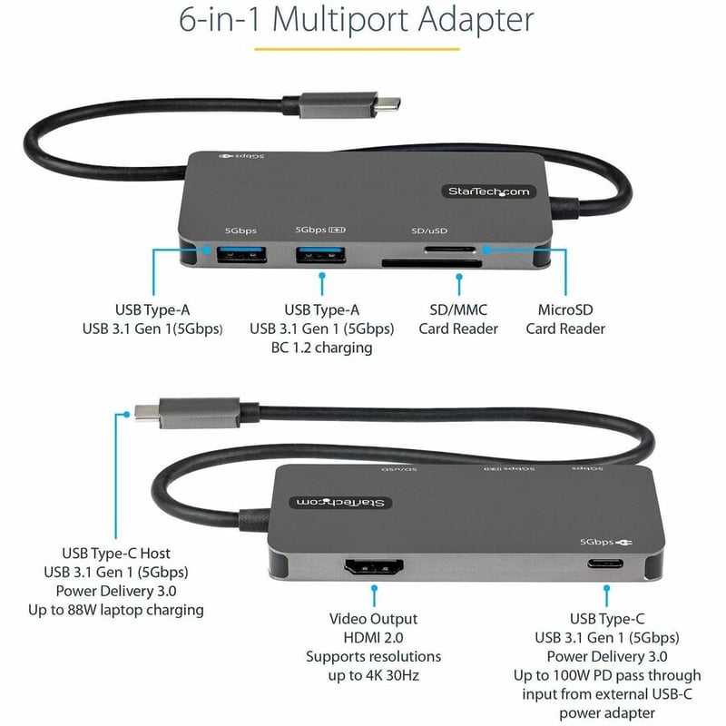 StarTech.com USB C Multiport Adapter, USB-C to 4K HDMI, 100W PD Pass-through, SD/MicroSD, 3xUSB 3.0, USB Type-C Mini Dock, 12" Long Cable - Thumbnail 2