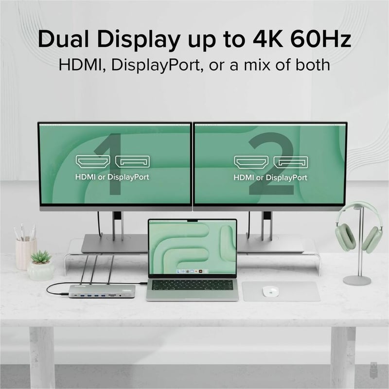 Plugable 13-in-1 USB C Docking Station Dual Monitor, 100W Charging, Dual 4K Displays 2x HDMI or 2x DisplayPort - Thumbnail 4