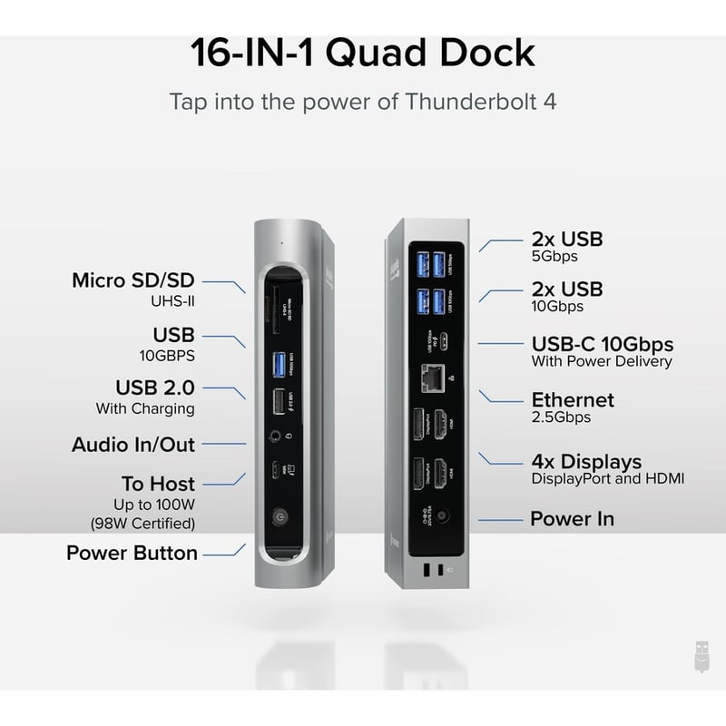 Plugable 16-in-1 Thunderbolt 4 Dock with 100W Charging, 4K Quad Monitor Setup for Thunderbolt 4 Windows Laptops - Thumbnail 2