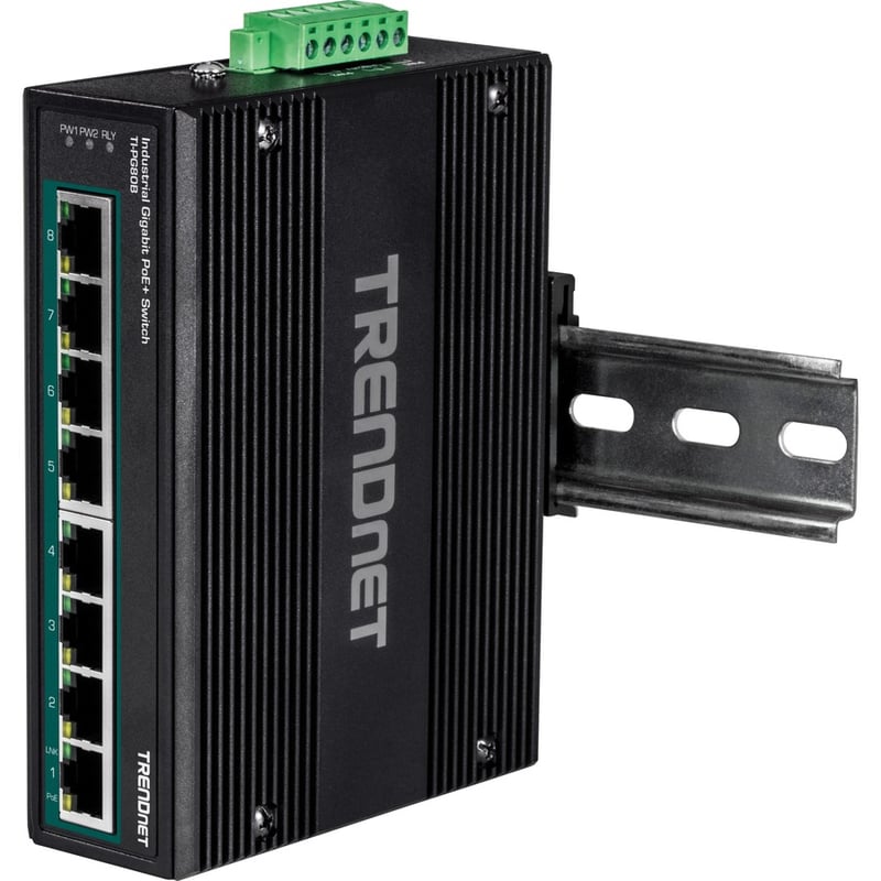 TRENDnet 8-Port Hardened Industrial Unmanaged Gigabit 10/100/1000Mbps DIN-Rail Switch w/ 8 x Gigabit PoE+ Ports; TI-PG80B; 24 ? 56V DC Power inputs with Overload Protection - Thumbnail 2