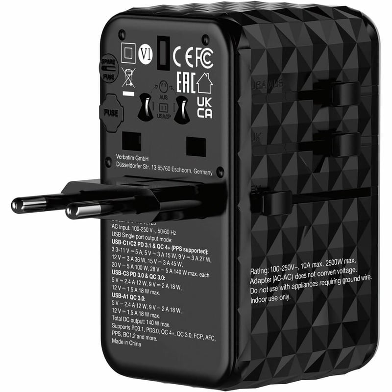 Verbatim UTA-10 GaN III Universal Travel Adapter 140W - USB-C, USB-A - Thumbnail 4