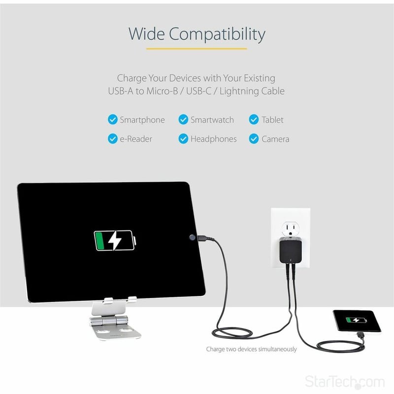 StarTech.com Travel USB Wall Charger - 2 Port - Black - Universal Travel Adapter - International Power Adapter - USB Charger - Thumbnail 4