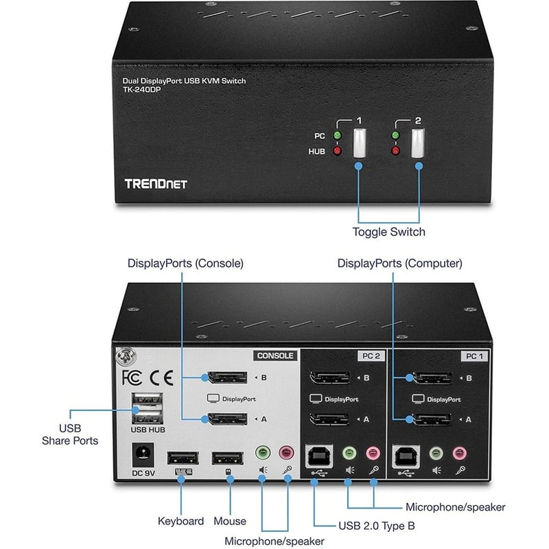 TRENDnet 2-Port Dual Monitor DisplayPort KVM Switch With Audio, 2-Port USB 2.0 Hub, 4K UHD Resolutions Up To 3840 x 2160, Connect Two DisplayPort Monitors, Dual Monitor KVM Switch, Black, TK-240DP - Thumbnail 3