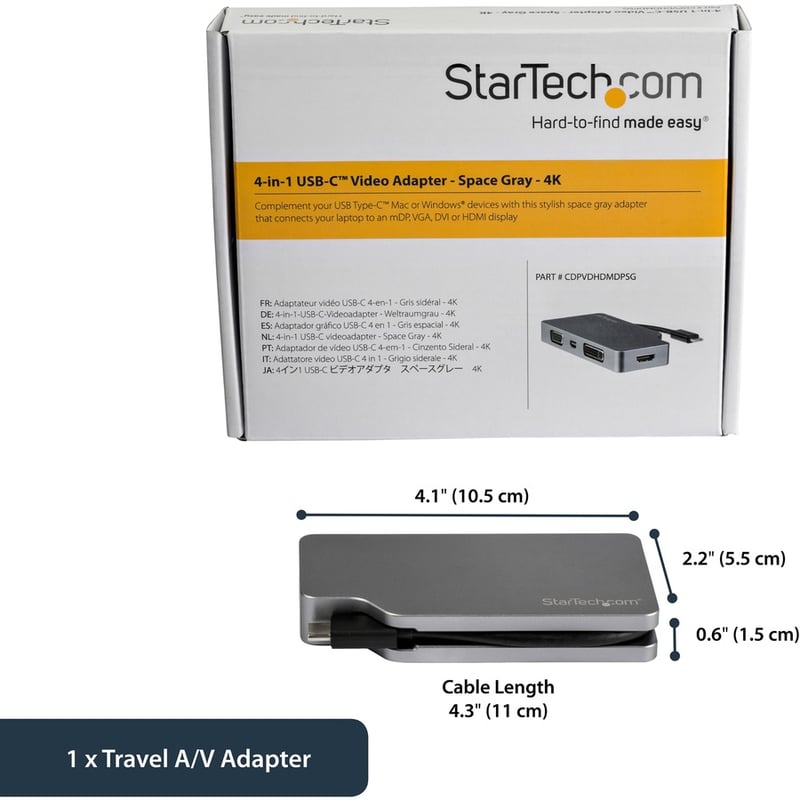StarTech.com USB C Multiport Video Adapter 4K/1080p - USB Type C to HDMI, VGA, DVI or Mini DisplayPort Monitor Adapter - Space Gray - Thumbnail 2