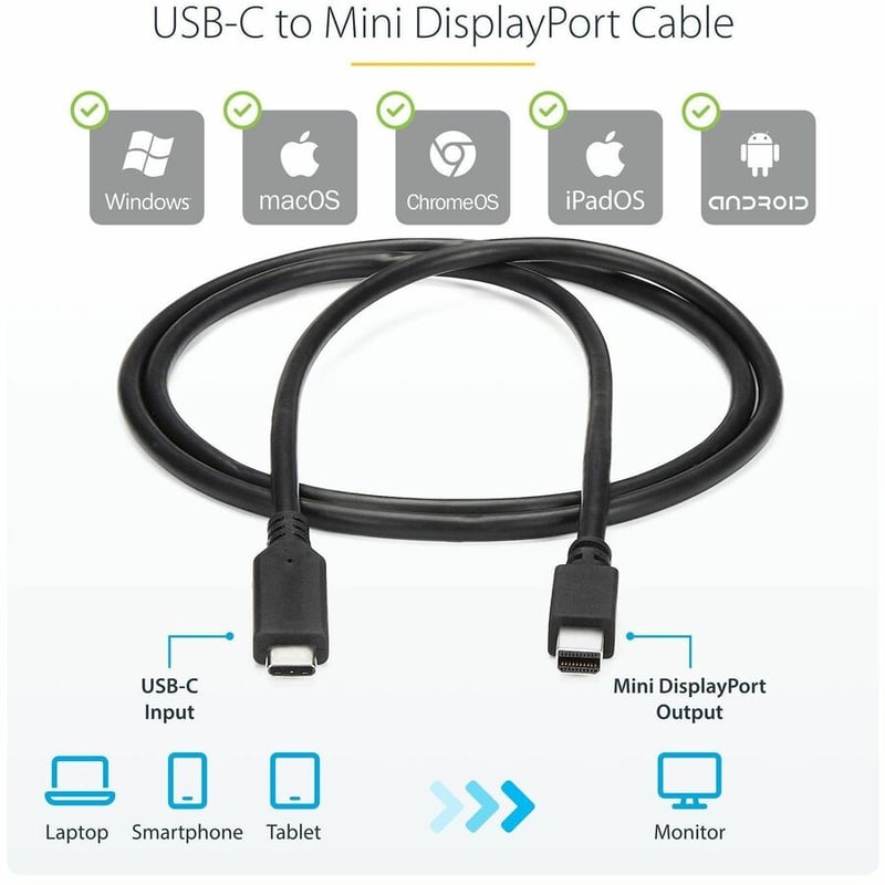 StarTech.com 6 ft. / 1.8 m USB-C to Mini DisplayPort Cable - 4K 60Hz - Black - USB 3.1 Type-C to Mini DP Adapter Cable - mDP Cable - Thumbnail 3