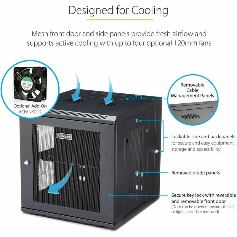 StarTech.com 4-Post 12U Wall Mount Network Cabinet, 19" Hinged Wall-Mounted Server Rack for IT Equipment, Flexible Lockable Rack Enclosure - Thumbnail 3