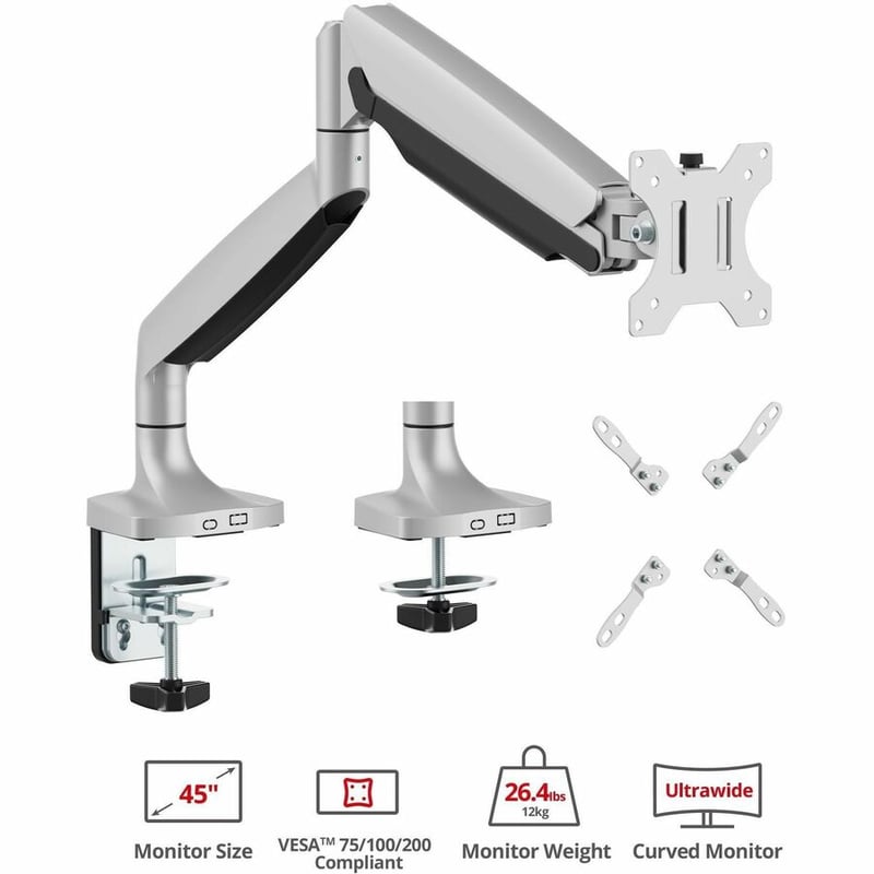 SIIG Single 45" Monitor Arm Mount 26.4 lbs-Gray - Fits17"-45" Screens, up to 26.4 lbs, VESA 75/100/200 - Thumbnail 3