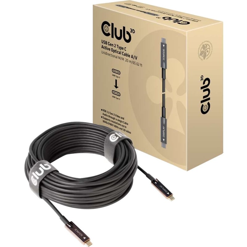Club 3D USB Gen 2 Type C Active Optical Cable A/V Unidirectional M/M 20 m/ 65.62 ft - Thumbnail 1