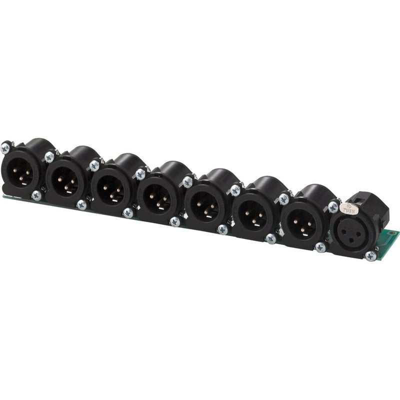 ONE FEMALE XLR-3 INTO SEVEN MALE XLR-3 OUT (1/2 RACK WIDE).