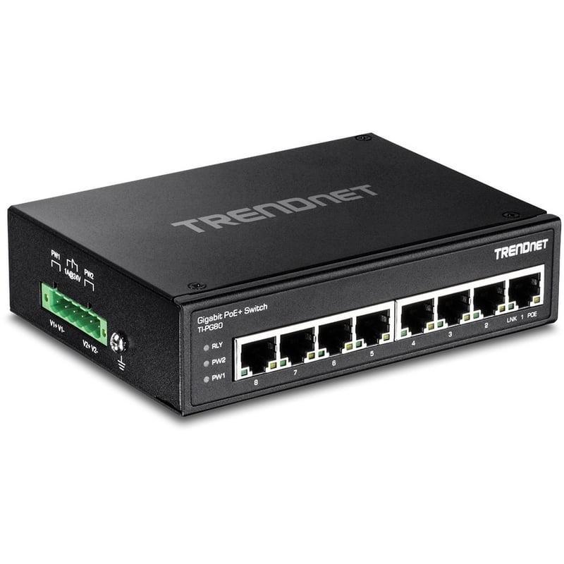 TRENDnet 8-Port Hardened Industrial Unmanaged Gigabit PoE+ DIN-Rail Switch, 200W Full PoE+ Power Budget, 16 Gbps Switching Capacity, IP30 Rated Network Switch, Lifetime Protection, Black, TI-PG80 - Thumbnail 4