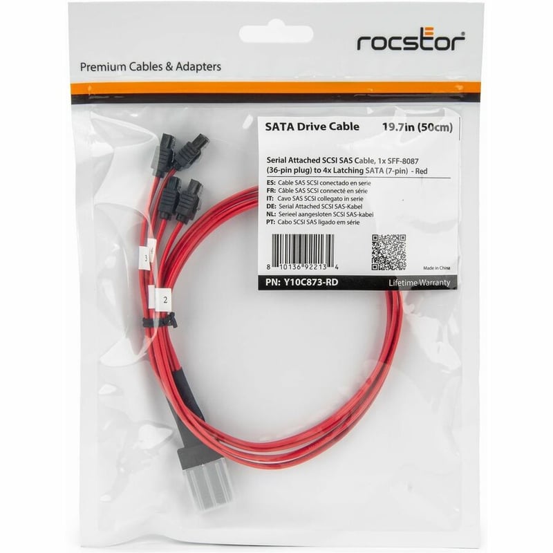 50CM (19.7IN) SCSI SAS CABLE 1X SFF-8087 TO 4X LATCHING SATA-RED - Thumbnail 4
