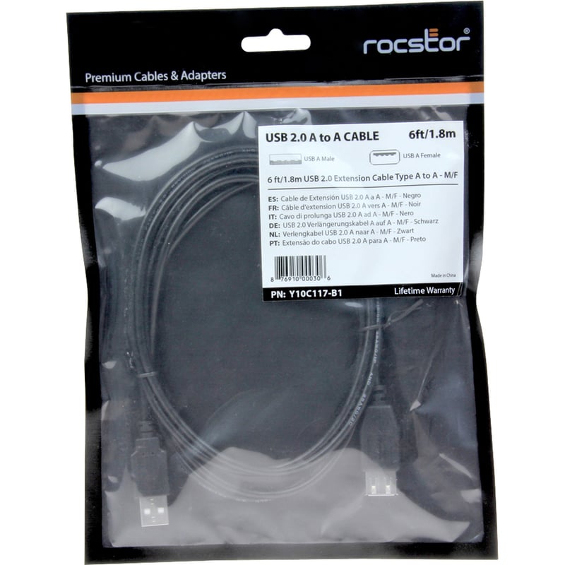 Rocstor Premium 6 ft USB 2.0 Extension Cable A Male to A Female - M/F - USB - 6 ft - 1 Pack - 1 x Type A Male - 1 x Type A Female -Black - USB A MALE TO A FEMALE CABLE - Thumbnail 5