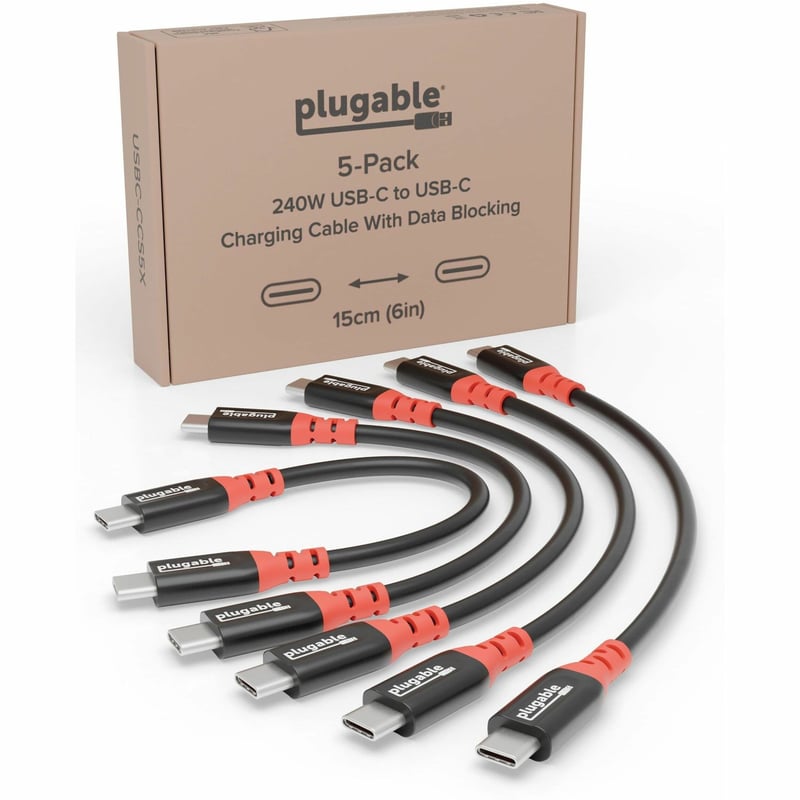 PLUGABLE 5-PACK USB-C CABLES 240W CHARGING WITH DATA BLOCKING - Thumbnail 1