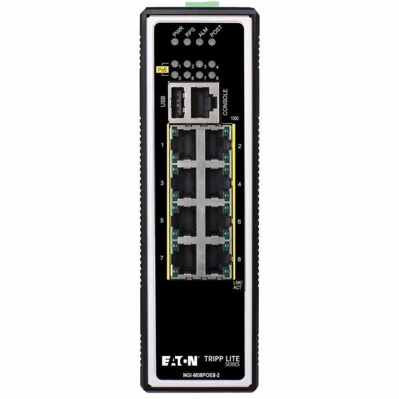 Tripp Lite by Eaton 8-Port Managed Industrial Gigabit Ethernet Switch - Layer 2, 1 Gbps, PoE+ 30W, -40 to 75C, DIN Mount - TAA Compliant - Thumbnail 1