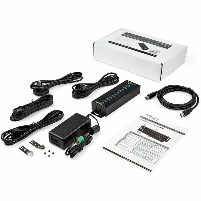 StarTech.com 10 Port USB Hub w/ Power Adapter - Metal Industrial USB 3.0 Data Hub - Din Rail, Wall & Desk Mount USB 3.2 Gen 1 5Gbps Hub - Thumbnail 4