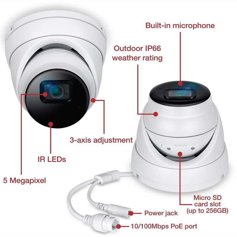 TRENDnet Indoor Outdoor 5MP H.265 PoE IR Fixed Turret Network Camera, IP66 Rated Housing, IR Night Vision up to 30m (98 ft.), Security Surveillance Camera, microSD Card Slot, White, TV-IP1515PI - Thumbnail 2