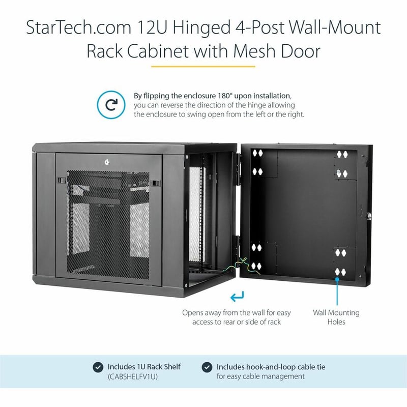 StarTech.com 4-Post 12U Wall Mount Network Cabinet, 19" Hinged Wall-Mounted Server Rack for IT Equipment, Flexible Lockable Rack Enclosure - Thumbnail 3