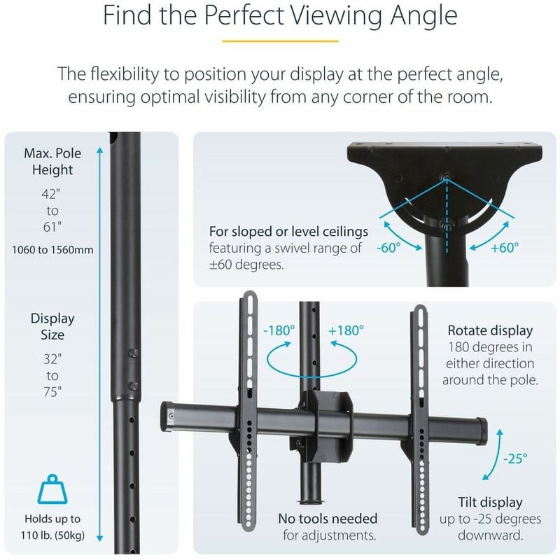 StarTech.com TV Ceiling Mount, Full-Motion Hanging Single Screen Vesa Mount for 32"-75" TVs / Displays - Height Adjustable Telescopic Pole - Thumbnail 4