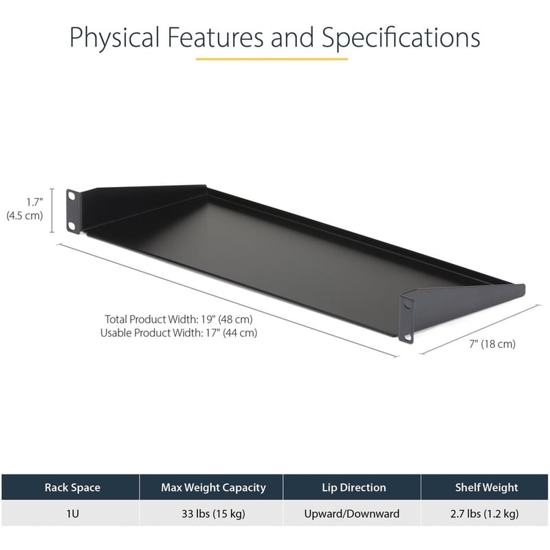 StarTech.com 1U Server Rack Cabinet Shelf - Fixed 7" Deep Cantilever Rackmount Tray for 19" Data/AV/Network Enclosure w/cage nuts, screws - Thumbnail 3