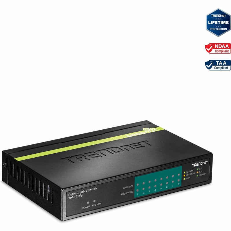 TRENDnet 8-Port Gigabit PoE+ Switch, 8 x Gigabit PoE+ Ports, 123W PoE Power Budget, 16 Gbps Switching Capacity, Desktop Switch, Ethernet Network Switch, Metal, Lifetime Protection, Black, TPE-TG80G - Thumbnail 1
