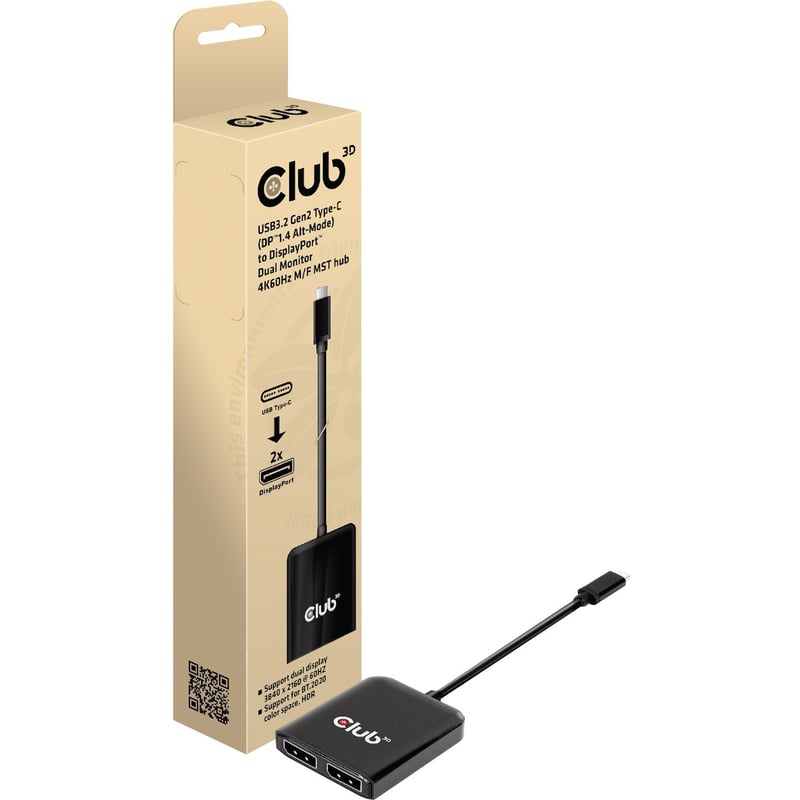 Club 3D USB3.2 Gen2 Type-C(DP Alt-Mode) to DisplayPort Dual Monitor 4K60Hz M/F MST Hub - Thumbnail 1