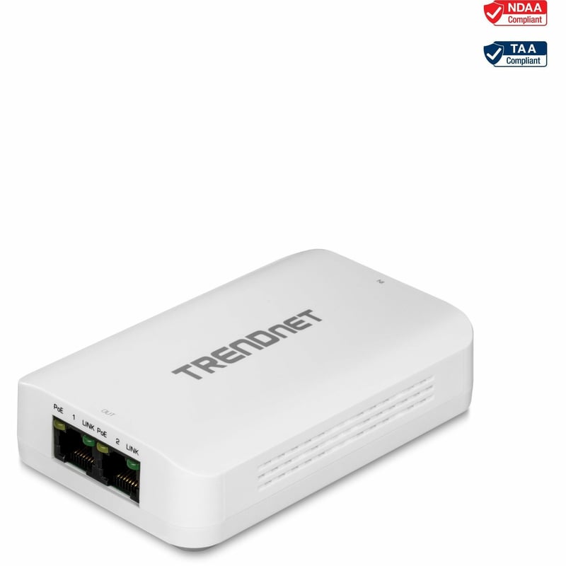 TRENDnet 2-Port Gigabit PoE++ Extender, 1 x Gigabit PoE++ In Port, 2 x Gigabit PoE Out Ports, Extends 100m (328 ft) Up to 200m (656 ft), Daisy Chain 4 Units for up to 500m (1640 ft), Black, TPE-BE200 - Thumbnail 1