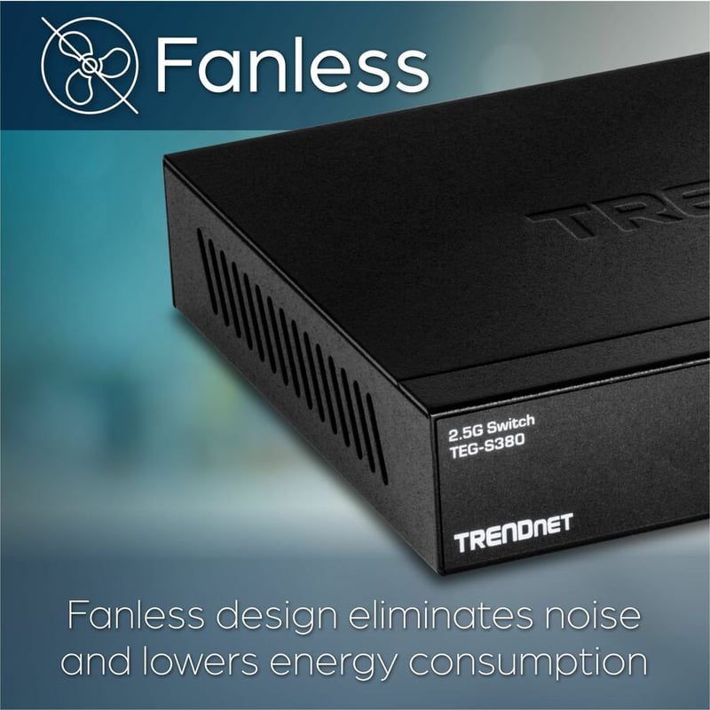 TRENDnet 8-Port Unmanaged 2.5G Switch, 8 x 2.5GBASE-T Ports, 40Gbps Switching Capacity, Backwards Compatible with 1000Mbps Devices, Fanless, Wall Mountable, Black, TEG-S380 - Thumbnail 5