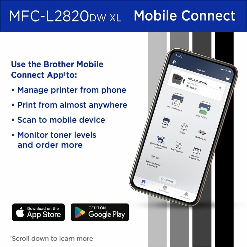 Brother Wireless MFC-L2820DW XL Compact Monochrome All-in-One Laser Printer with Copy, Scan and Fax, up to 4,200 pages of toner included, Duplex and Mobile Printing - Thumbnail 3