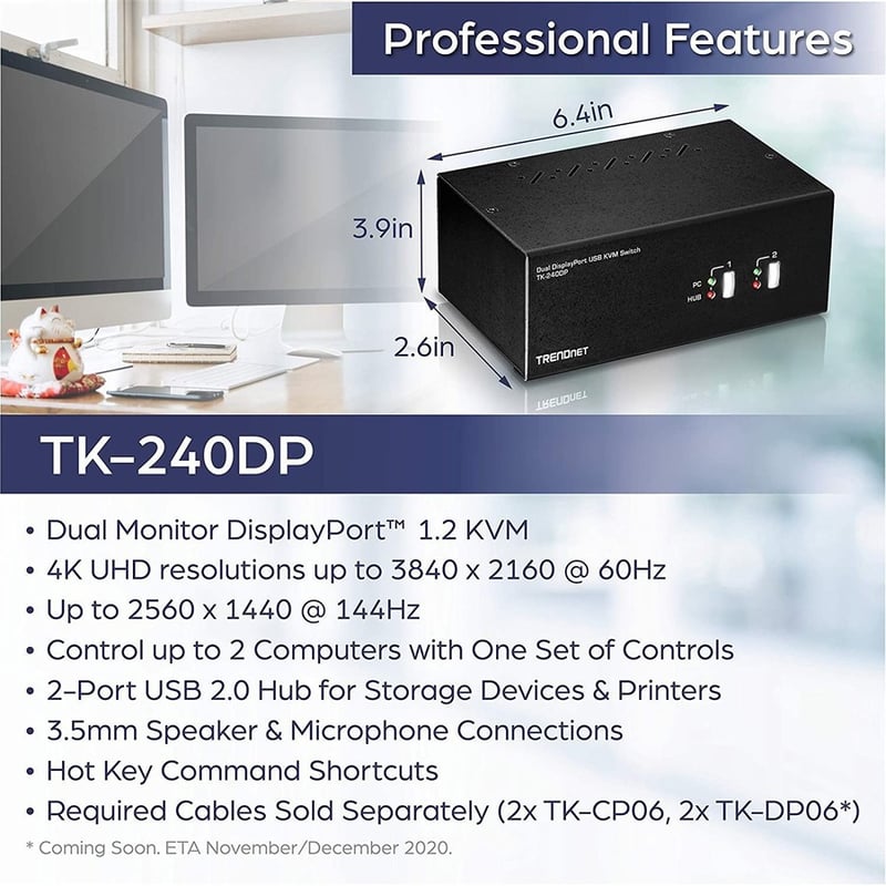 TRENDnet 2-Port Dual Monitor DisplayPort KVM Switch With Audio, 2-Port USB 2.0 Hub, 4K UHD Resolutions Up To 3840 x 2160, Connect Two DisplayPort Monitors, Dual Monitor KVM Switch, Black, TK-240DP - Thumbnail 5