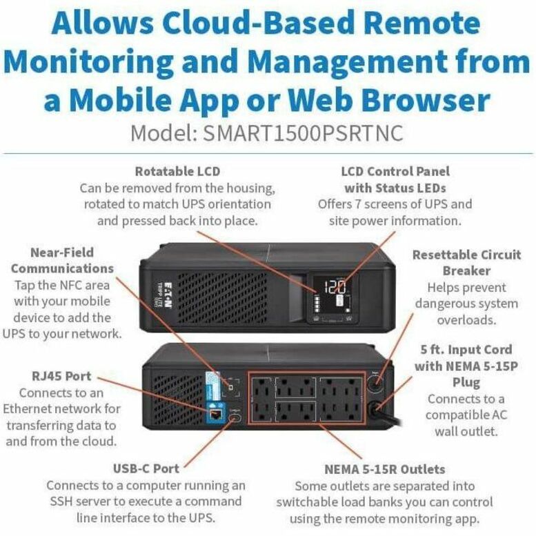 Eaton Tripp Lite Series 1500VA 1050W 120V Line-Interactive Pure Sine Wave Cloud-Connected UPS with Remote Monitoring - 10 NEMA 5-15R Outlets (Surge and Battery Backup), LCD, 5-15P Plug, Tower - Thumbnail 3