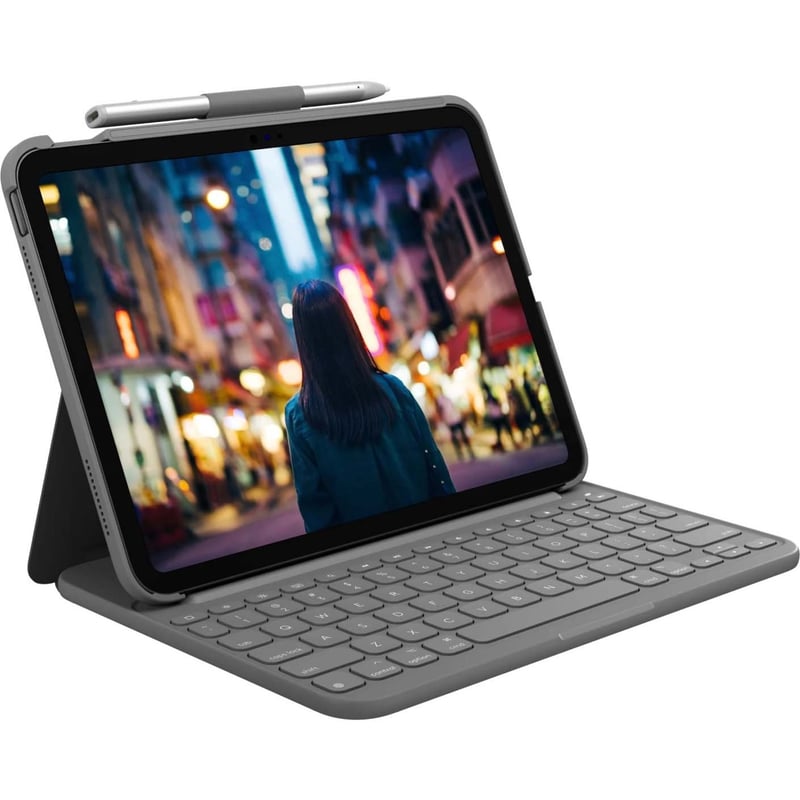 Logitech Slim Folio Carrying Case for 10.9" Apple, Logitech iPad (10th Generation) Tablet - Oxford Gray - Thumbnail 1